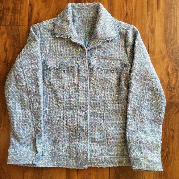 Womens Tweed Button Front Jacket Coat Blue Multi Fringe Trim Textured Chic Sm-M - Picture 2 of 10
